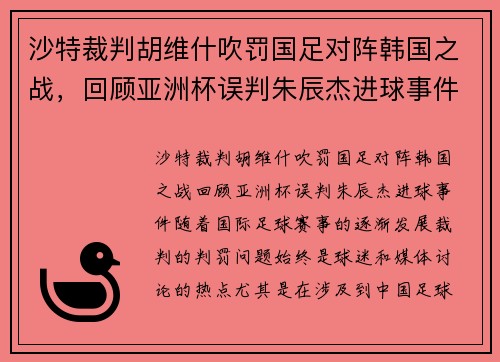 沙特裁判胡维什吹罚国足对阵韩国之战，回顾亚洲杯误判朱辰杰进球事件