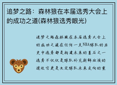 追梦之路：森林狼在本届选秀大会上的成功之道(森林狼选秀眼光)