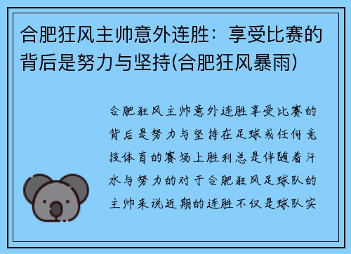合肥狂风主帅意外连胜：享受比赛的背后是努力与坚持(合肥狂风暴雨)