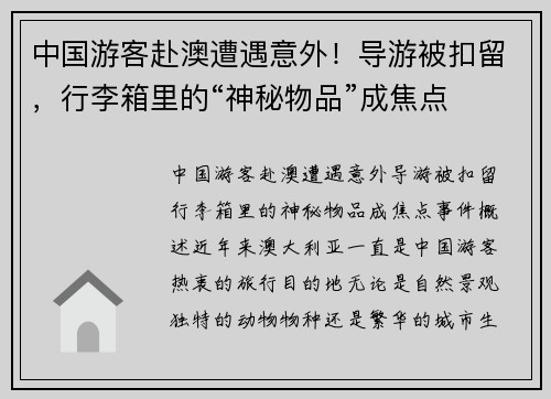 中国游客赴澳遭遇意外！导游被扣留，行李箱里的“神秘物品”成焦点