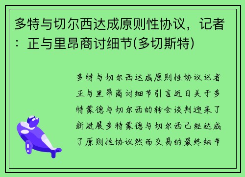 多特与切尔西达成原则性协议，记者：正与里昂商讨细节(多切斯特)